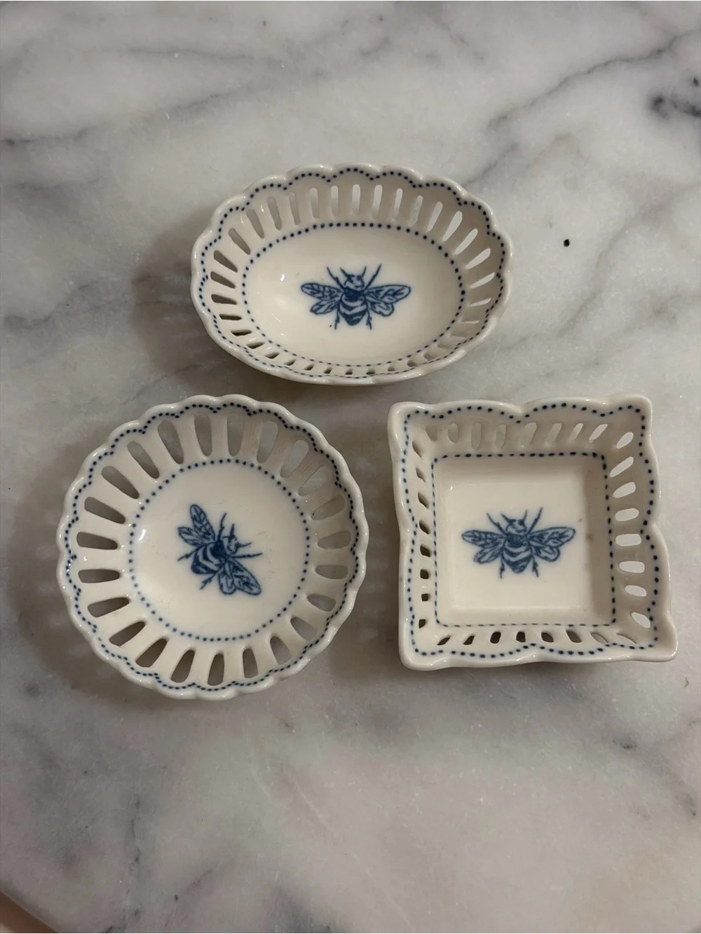 Porcelain Bee Trinket Accent Dishes - Blue and White Set of 3